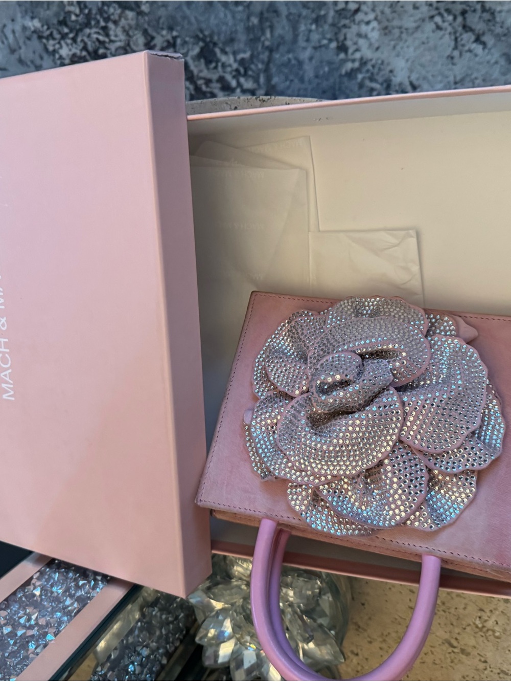 MACH & MACH Blush Pink Crystal Rose Mini Bag